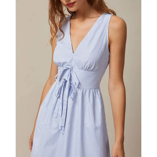 The Blue V Neck Shirred Striped Maxi Dress