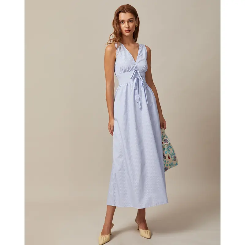 The Blue V Neck Shirred Striped Maxi Dress