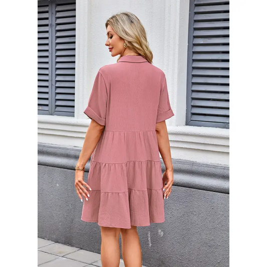 Babydoll Dress Short Sleeve Textured Loose Fit Flowy With Pockets