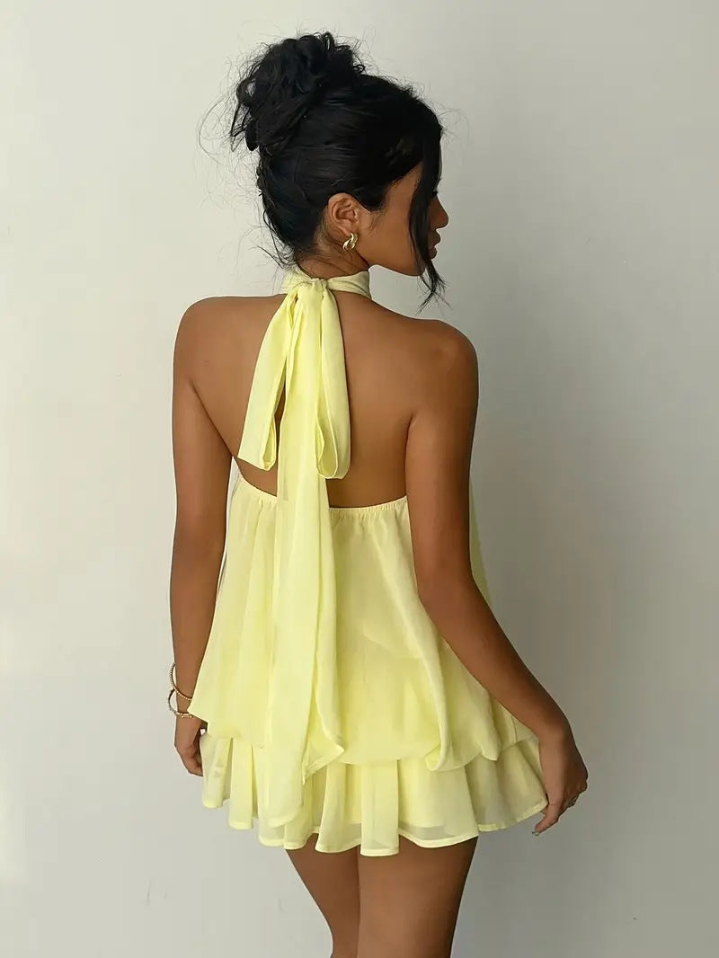 Women's Summer Party Halter Neck Tie Back Mini Dress