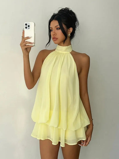 Women's Summer Party Halter Neck Tie Back Mini Dress