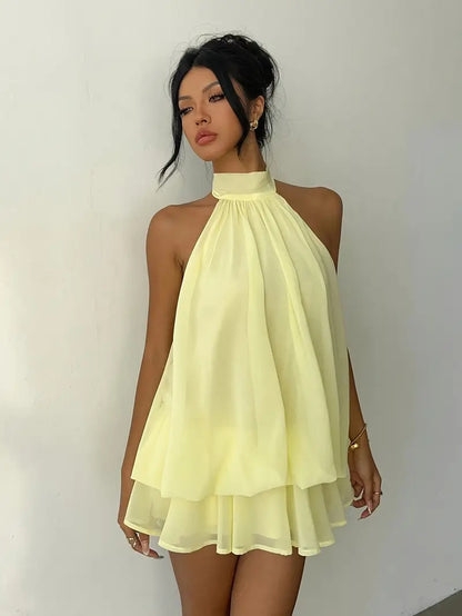 Women's Summer Party Halter Neck Tie Back Mini Dress