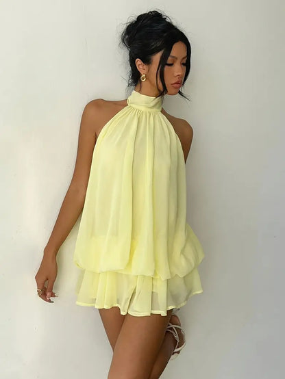 Women's Summer Party Halter Neck Tie Back Mini Dress