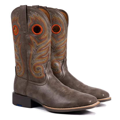 Western-Style Classic Embroidered Chunky Heel Flat-Toe Boots, Soft Leather