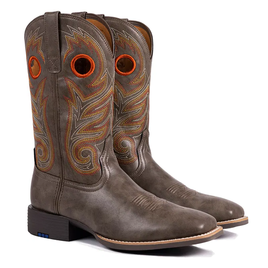 Western-Style Classic Embroidered Chunky Heel Flat-Toe Boots, Soft Leather