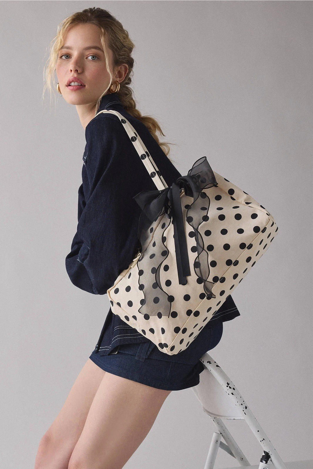 Medium Nylon Bowler Bag White With Black Polka Dot