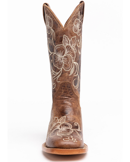 Floral Embroidered Western Boots - Broad Square Toe