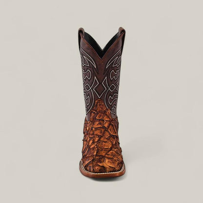 Patchwork Pirarucu Fish Boots - Matte Brown - Square Toe