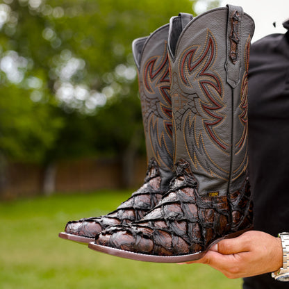 Brown Jumbo Pirarucu Leather Boots - Square Toe
