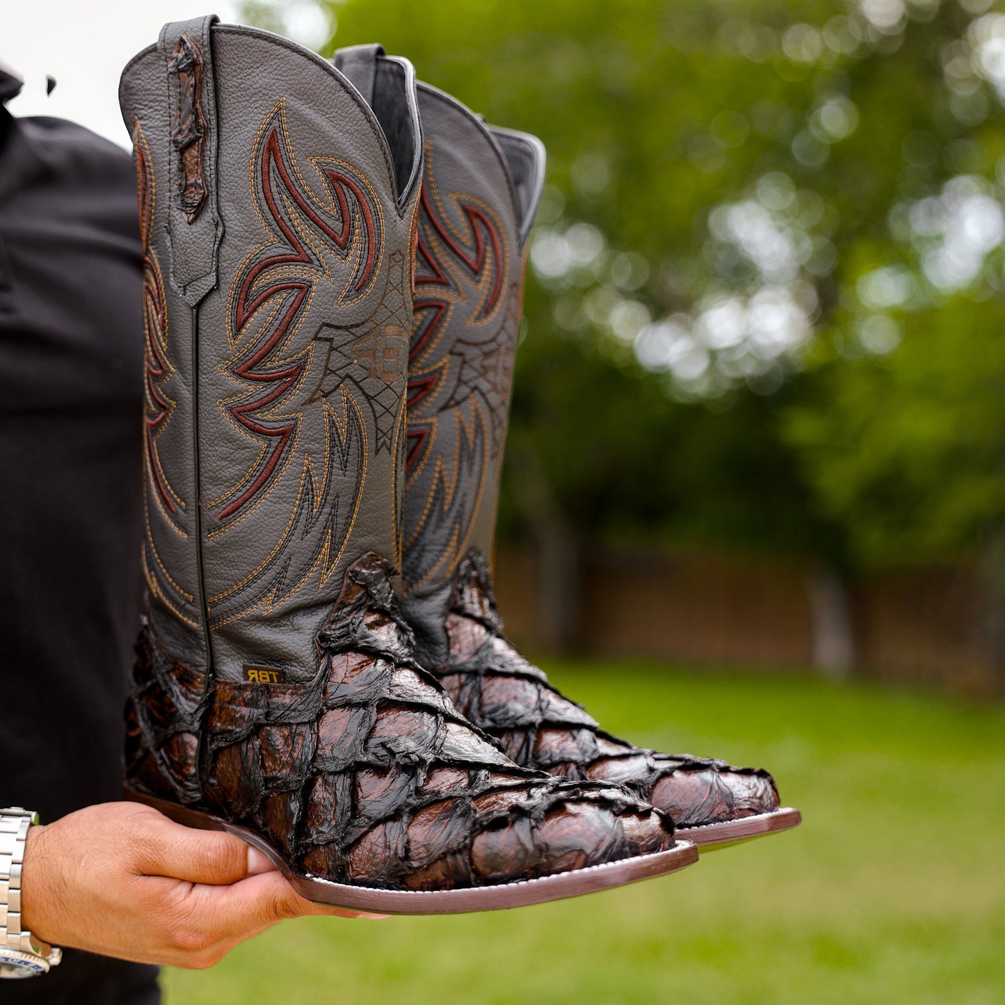 Brown Jumbo Pirarucu Leather Boots - Square Toe