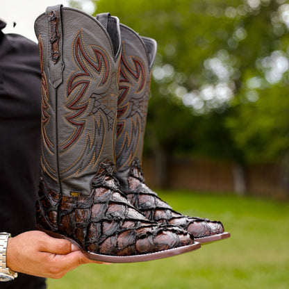 Brown Jumbo Pirarucu Leather Boots - Square Toe