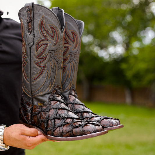 Brown Jumbo Pirarucu Leather Boots - Square Toe