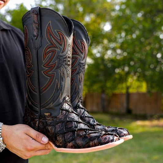 Chocolate Brown Jumbo Pirarucu Leather Boots - Square Toe
