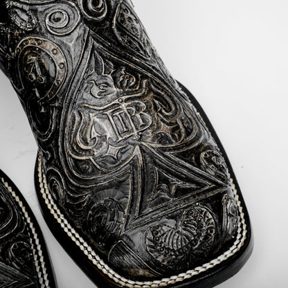 “Ace Of Spades” Grey/Black Leather Boots - Square Toe