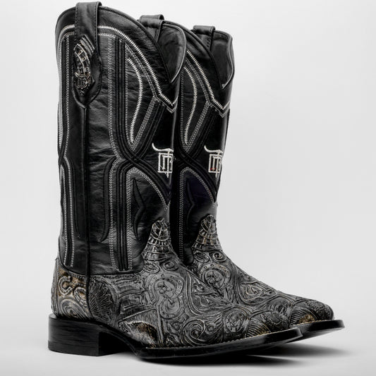 “Ace Of Spades” Grey/Black Leather Boots - Square Toe