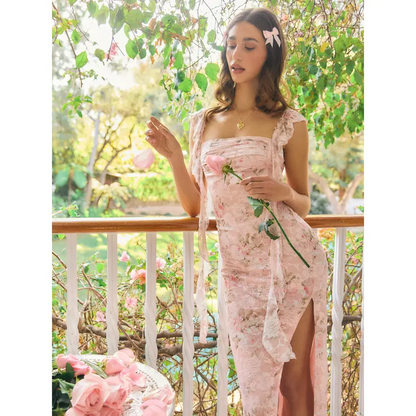 Knee-High Split Draped Floral Maxi Dress