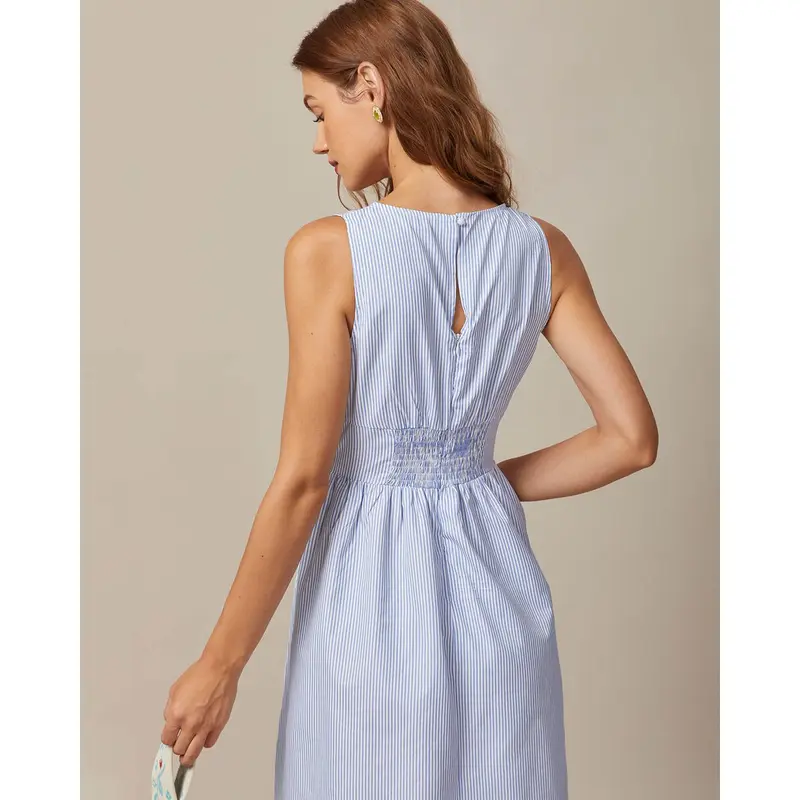The Blue V Neck Shirred Striped Maxi Dress