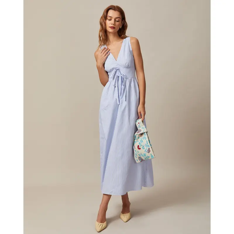 The Blue V Neck Shirred Striped Maxi Dress