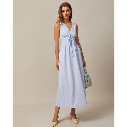 The Blue V Neck Shirred Striped Maxi Dress