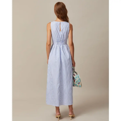 The Blue V Neck Shirred Striped Maxi Dress