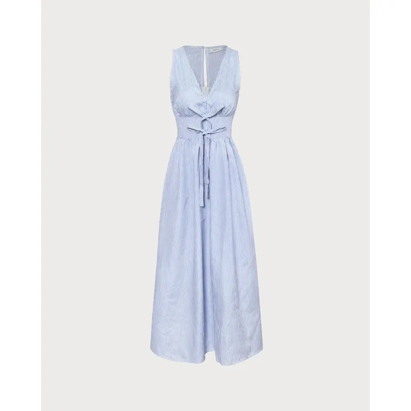 The Blue V Neck Shirred Striped Maxi Dress
