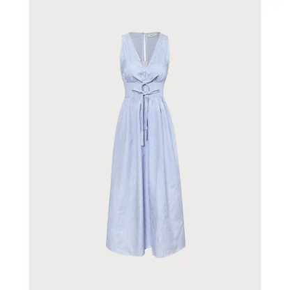 The Blue V Neck Shirred Striped Maxi Dress