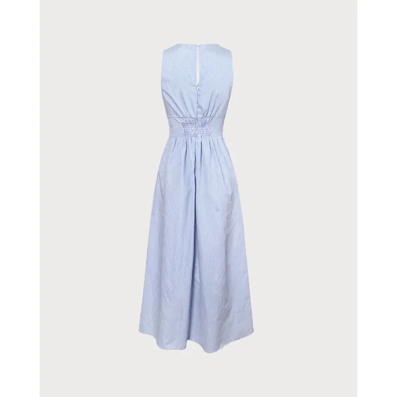The Blue V Neck Shirred Striped Maxi Dress