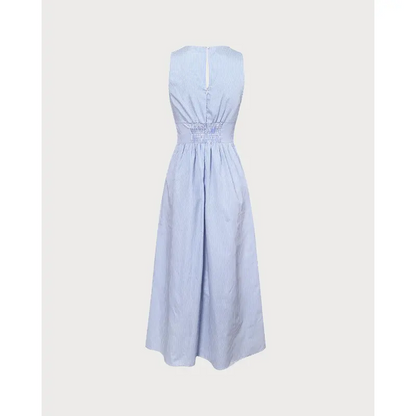The Blue V Neck Shirred Striped Maxi Dress