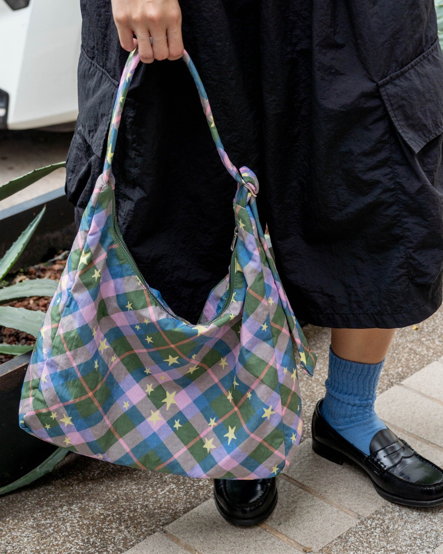 Nylon Shoulder Bag - Green Star Plaid