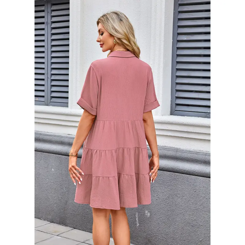 Babydoll Dress Short Sleeve Textured Loose Fit Flowy With Pockets