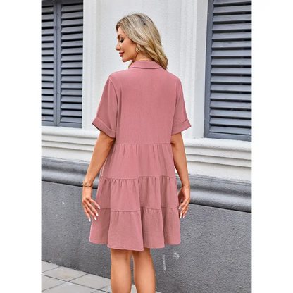 Babydoll Dress Short Sleeve Textured Loose Fit Flowy With Pockets
