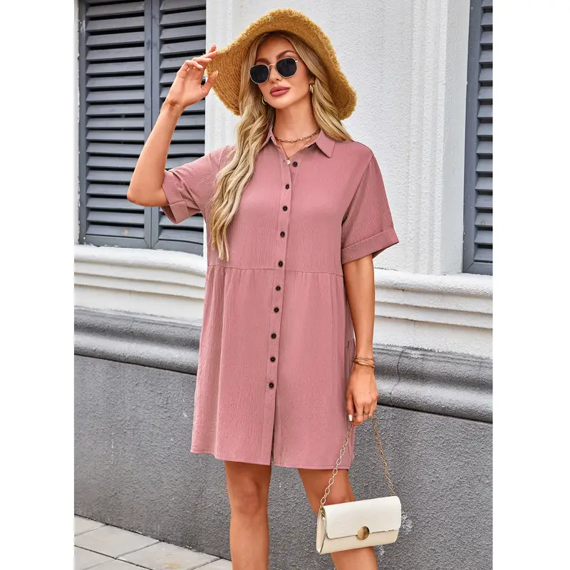 Babydoll Dress Short Sleeve Textured Loose Fit Flowy With Pockets