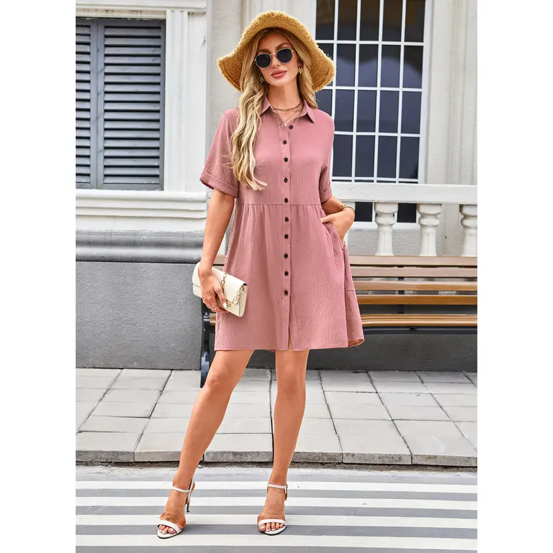 Babydoll Dress Short Sleeve Textured Loose Fit Flowy With Pockets