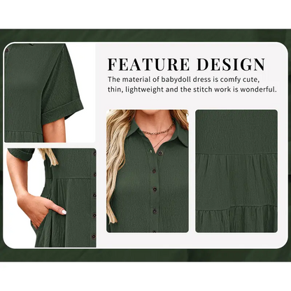Babydoll Dress Short Sleeve Textured Loose Fit Flowy With Pockets