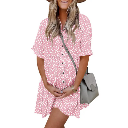 Babydoll Dress Short Sleeve Textured Loose Fit Flowy With Pockets