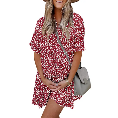 Babydoll Dress Short Sleeve Textured Loose Fit Flowy With Pockets