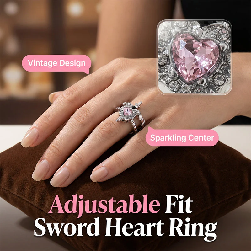 Vintage Sword Piercing Heart Ring – Adjustable, Pink Rhinestone, Gothic Edge