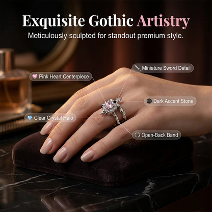 Vintage Sword Piercing Heart Ring – Adjustable, Pink Rhinestone, Gothic Edge