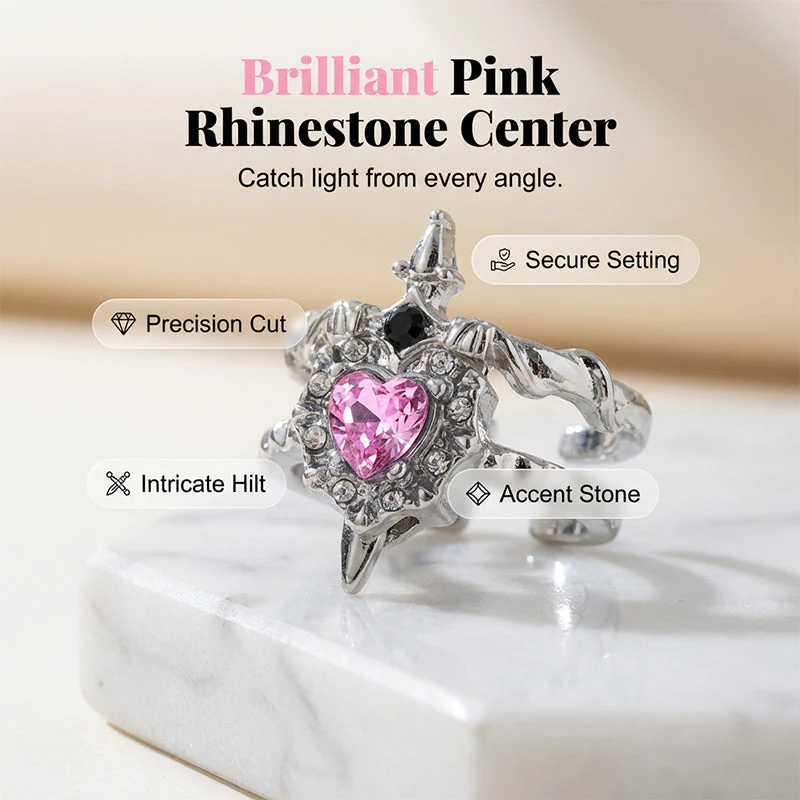 Vintage Sword Piercing Heart Ring – Adjustable, Pink Rhinestone, Gothic Edge