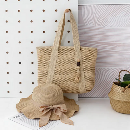 [Summer Limited Edition] Buy Bag Get Hat FREE! Women's Handmade Straw Tote Bag + Sun Hat Set