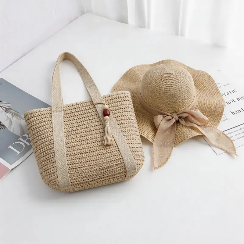 [Summer Limited Edition] Buy Bag Get Hat FREE! Women's Handmade Straw Tote Bag + Sun Hat Set