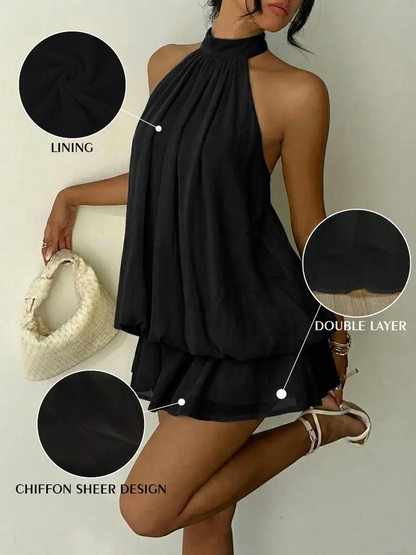 Women's Summer Party Halter Neck Tie Back Mini Dress