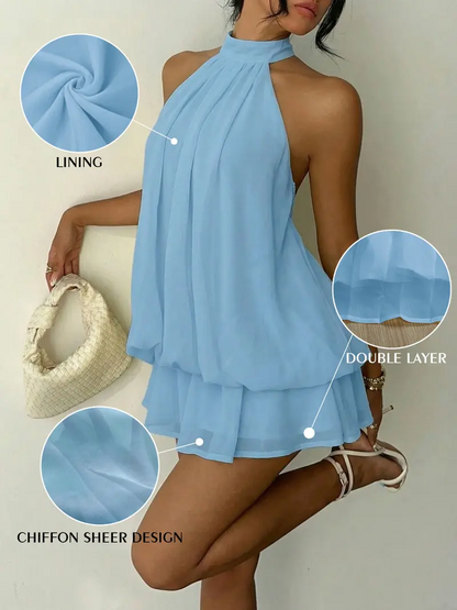 Women's Summer Party Halter Neck Tie Back Mini Dress