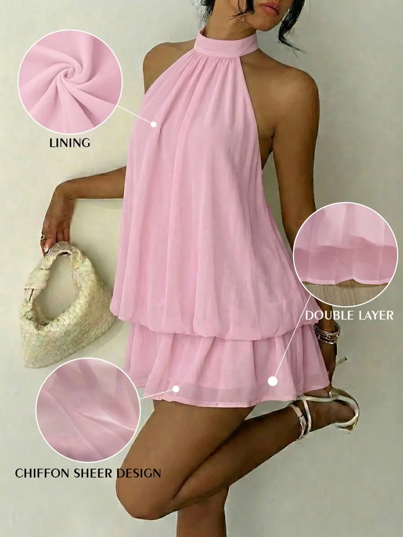 Women's Summer Party Halter Neck Tie Back Mini Dress