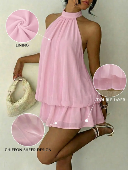 Women's Summer Party Halter Neck Tie Back Mini Dress