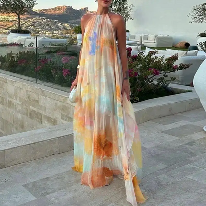 Tie Dye Chiffon Halter Neck Maxi Dress