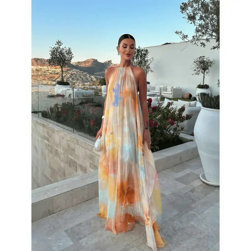 Tie Dye Chiffon Halter Neck Maxi Dress