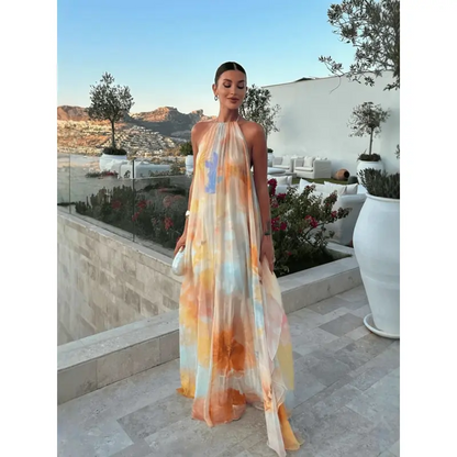 Tie Dye Chiffon Halter Neck Maxi Dress