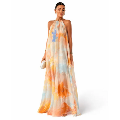 Tie Dye Chiffon Halter Neck Maxi Dress