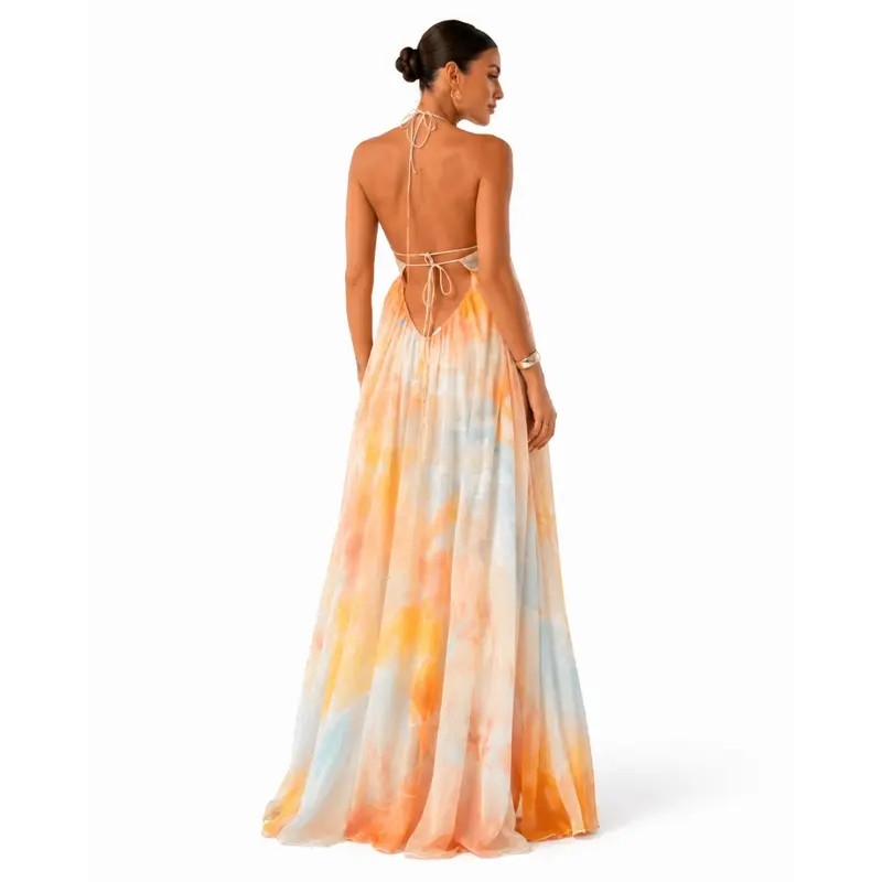 Tie Dye Chiffon Halter Neck Maxi Dress